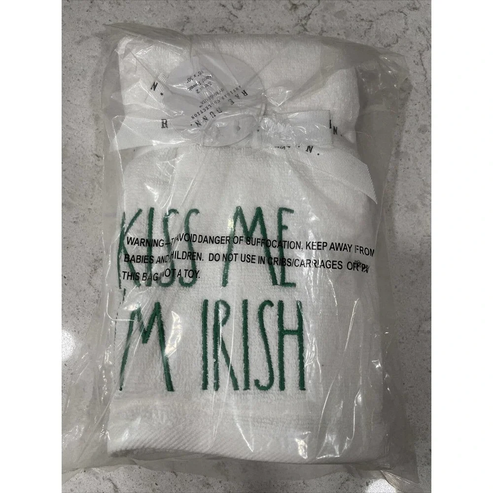 KISS ME I’M IRISH Set of 2 Rae Dunn St. Patricks Day Embroidered Hand Towels NEW